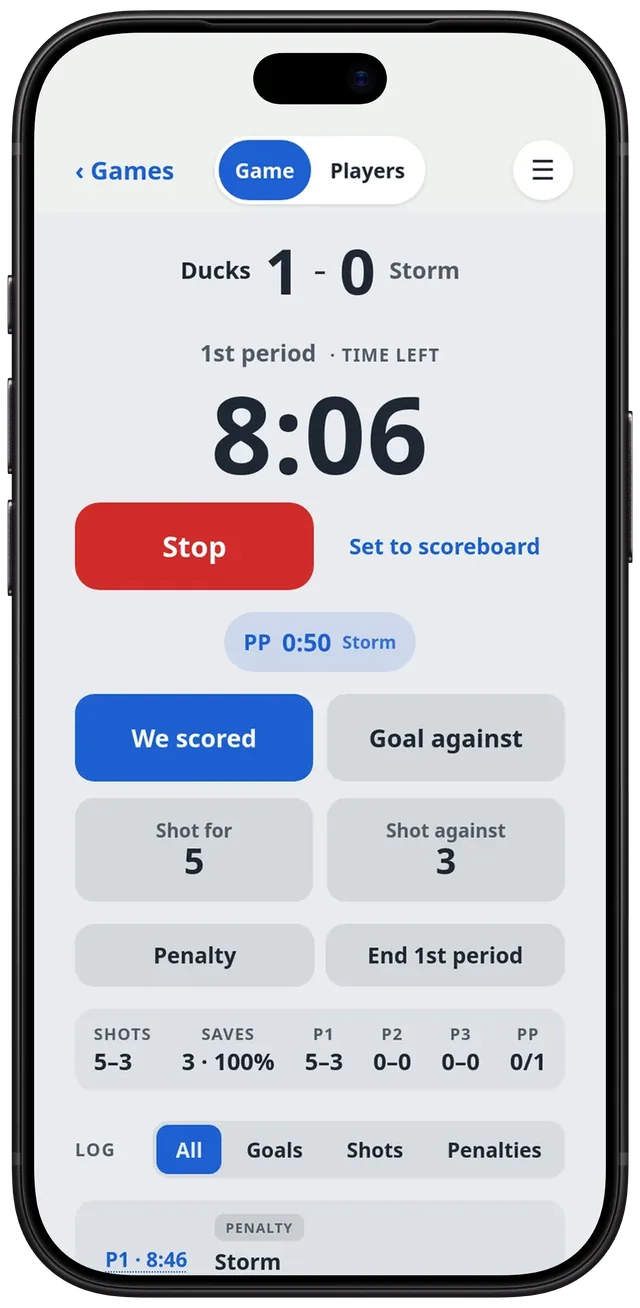 ClubClock Hockey during the 1st period: Ducks 1, Storm 0, about eight minutes left, Stop and Set to scoreboard, a power play with under a minute left on it, We scored and Goal against, shots 5 to 3.