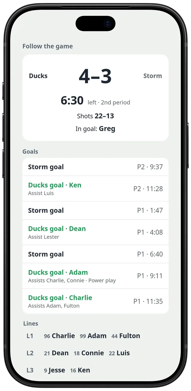 The page a parent opens from the game link: Ducks 4, Storm 3 with 6:30 left in the 2nd period, shots 22 to 13, Greg in goal, then seven goals with their scorers, assists, periods and times, one marked power play, and the Ducks lines below.