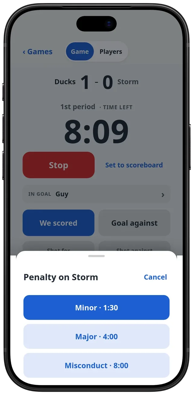 The penalty sheet over the game screen: Penalty on Storm, then Minor 1:30, Major 4:00 or Misconduct 8:00, the times set from the 15-minute period.