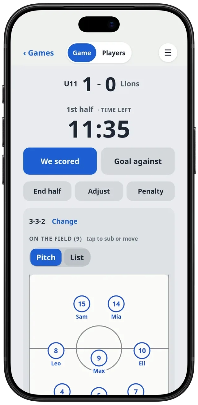 ClubClock Soccer in the 1st half: U11 1, Lions 0, about eleven and a half minutes left, We scored and Goal against, End half, Adjust and Penalty, then the 3-3-2 on the pitch with a player in every spot.