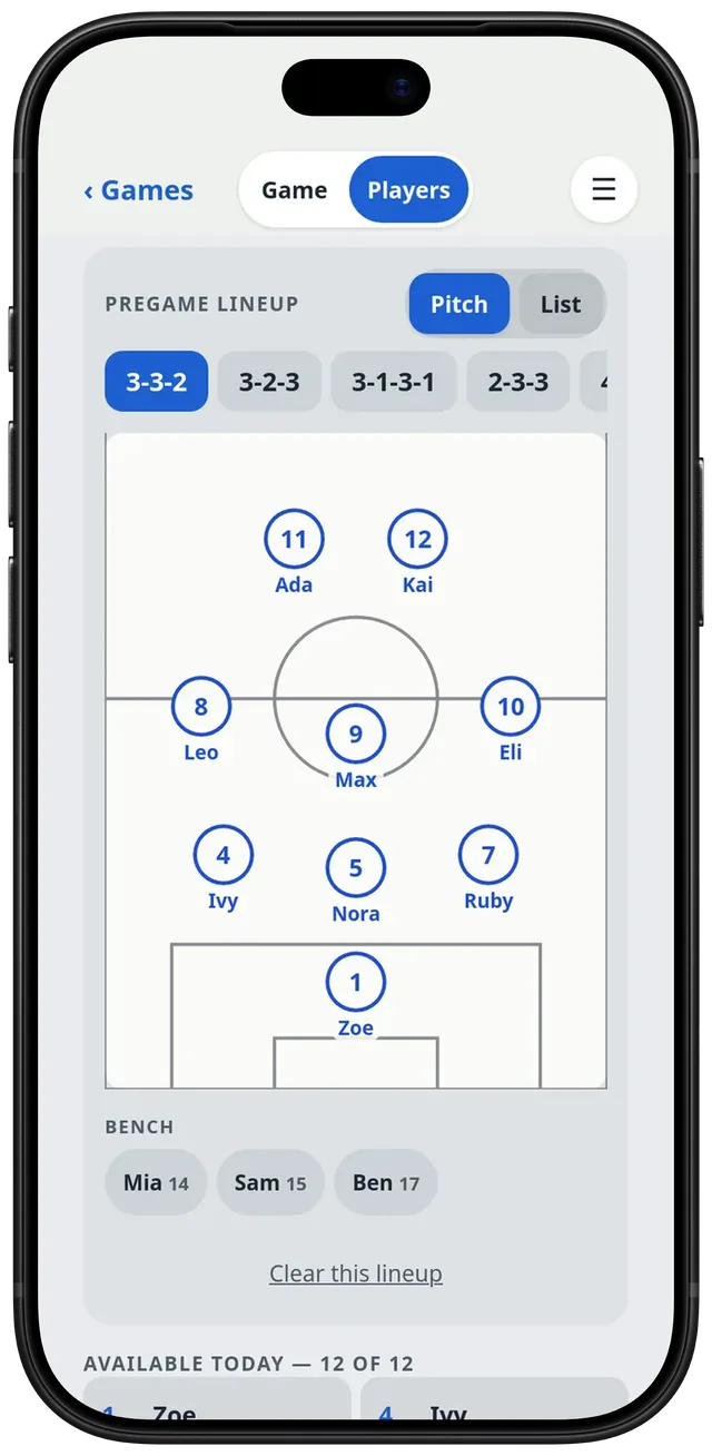 ClubClock Soccer pregame lineup: a 3-3-2 on a pitch, each spot with a player's number and name, the bench below.