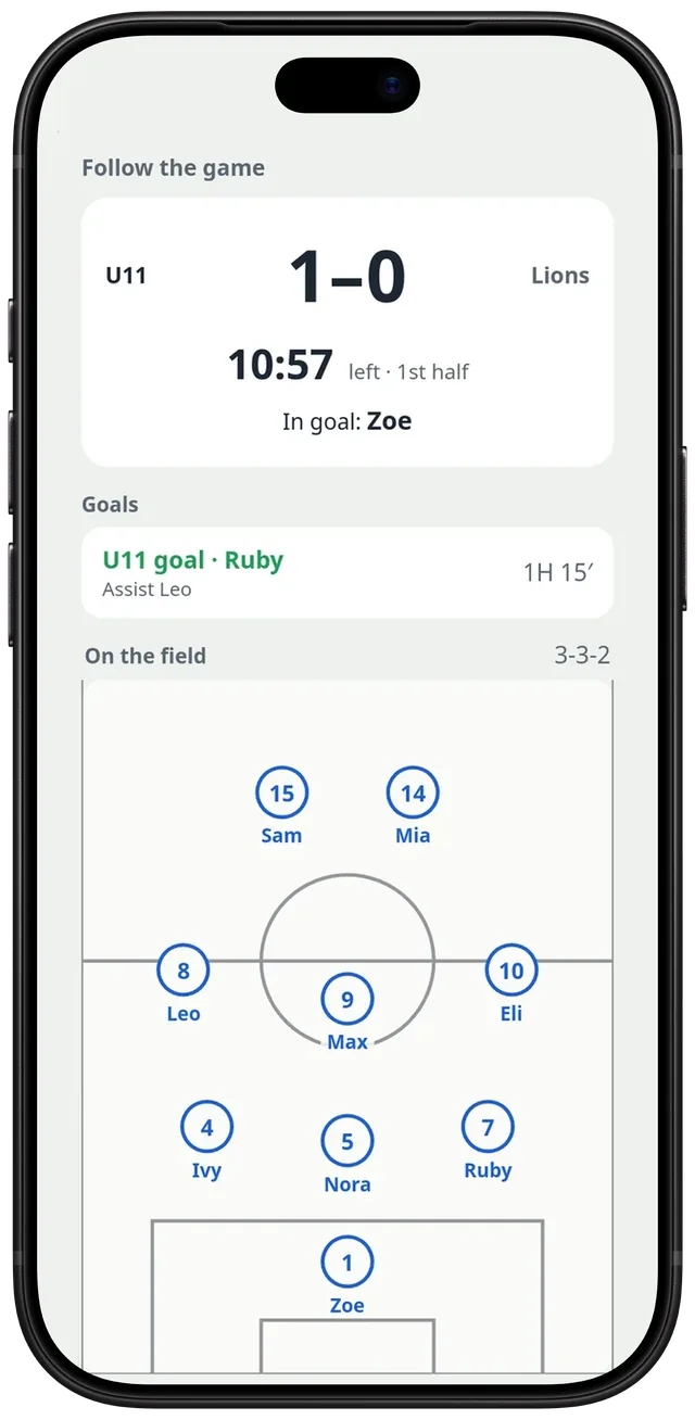 The page a parent opens from the link: Follow the game, U11 1, Lions 0, about eleven minutes left in the 1st half, In goal Zoe, the goal by Ruby with an assist from Leo at 15 minutes, and the 3-3-2 on the field.