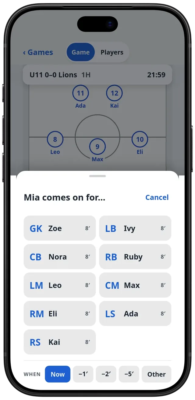 The second tap of a sub: a sheet titled Mia comes on for, listing every spot on the field with the player in it and their minutes so far, and a When row with Now, one, two or five minutes ago, or Other.