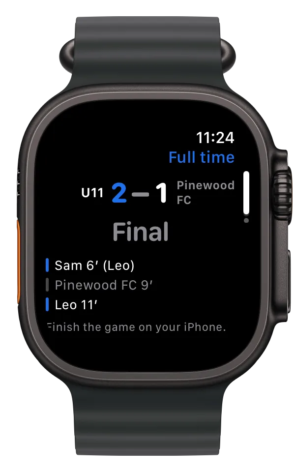 Apple Watch at full time: Final 2 to 1, goals by Sam at 6 minutes with an assist from Leo, Pinewood FC at 9, and Leo at 11.