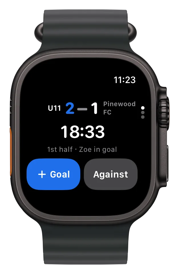 Apple Watch in play: U11 2, Pinewood FC 1, 18:33, 1st half, Zoe in goal, with Goal and Against buttons.