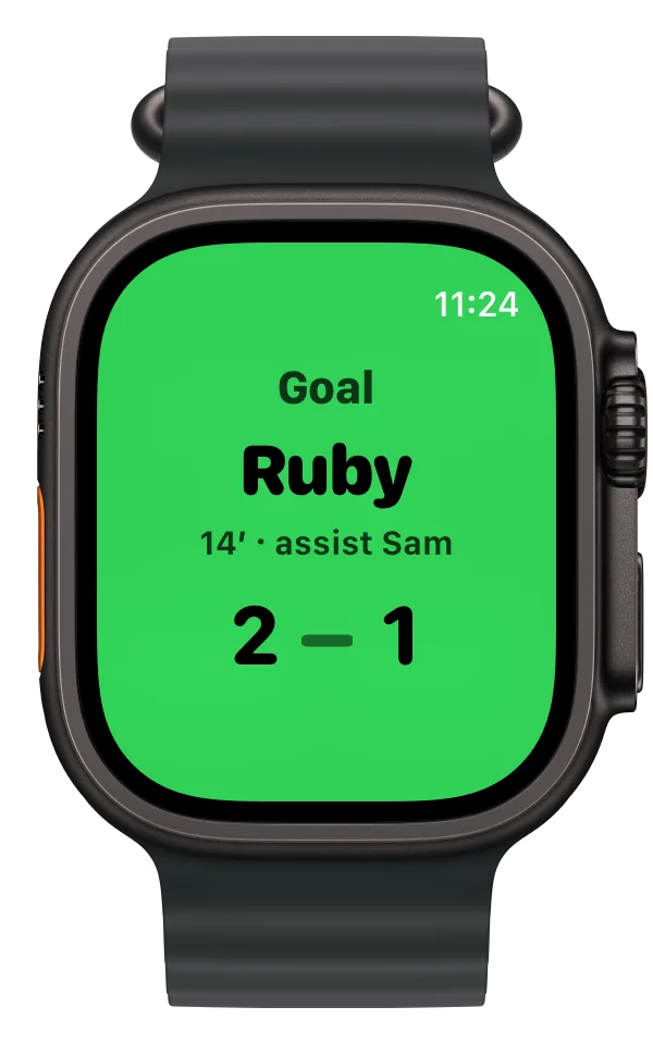Apple Watch goal alert: Goal, Ruby, 14 minutes, assist Sam, 2 to 1.