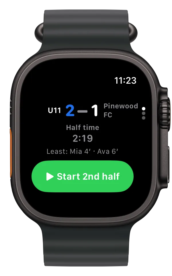 Apple Watch at half time: 2 to 1, break 2:19, least played Mia 4 and Ava 6, and a Start 2nd half button.
