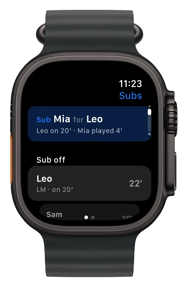 Apple Watch Subs page: Sub Mia for Leo, Leo on since 20 minutes, Mia has played 4, then the Sub off list.