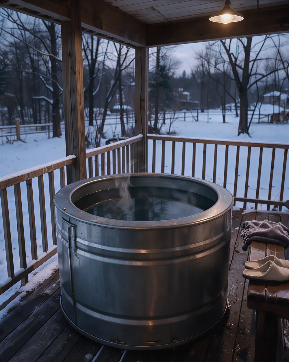 A steel stock tank of cold water on a snowy porch at dawn, a towel and slippers on the bench beside it, a warm porch light overhead.