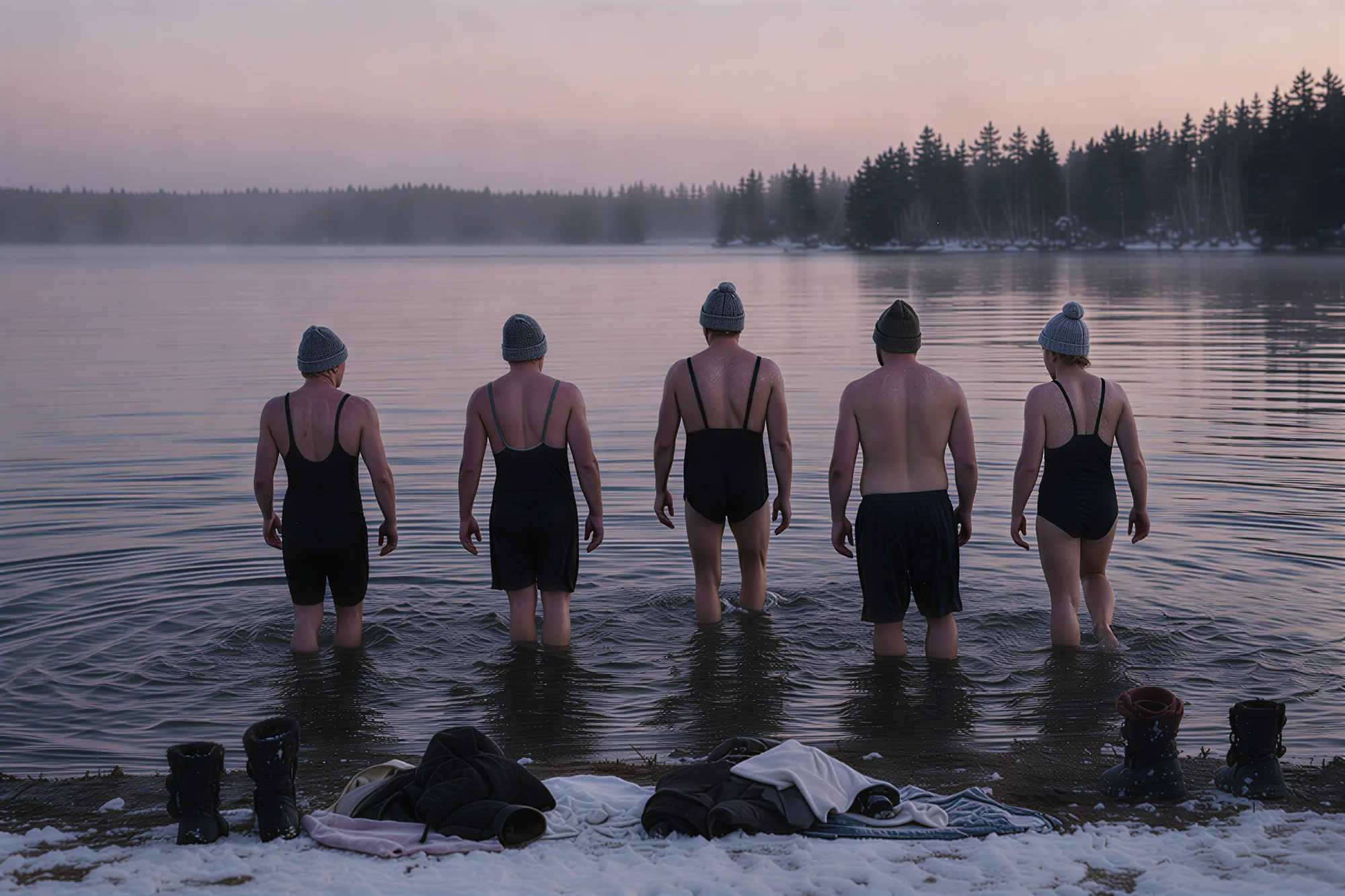 Five people in swimsuits and knit hats seen from behind wading together into a misty lake at dawn, boots and towels left on the snowy shore.
