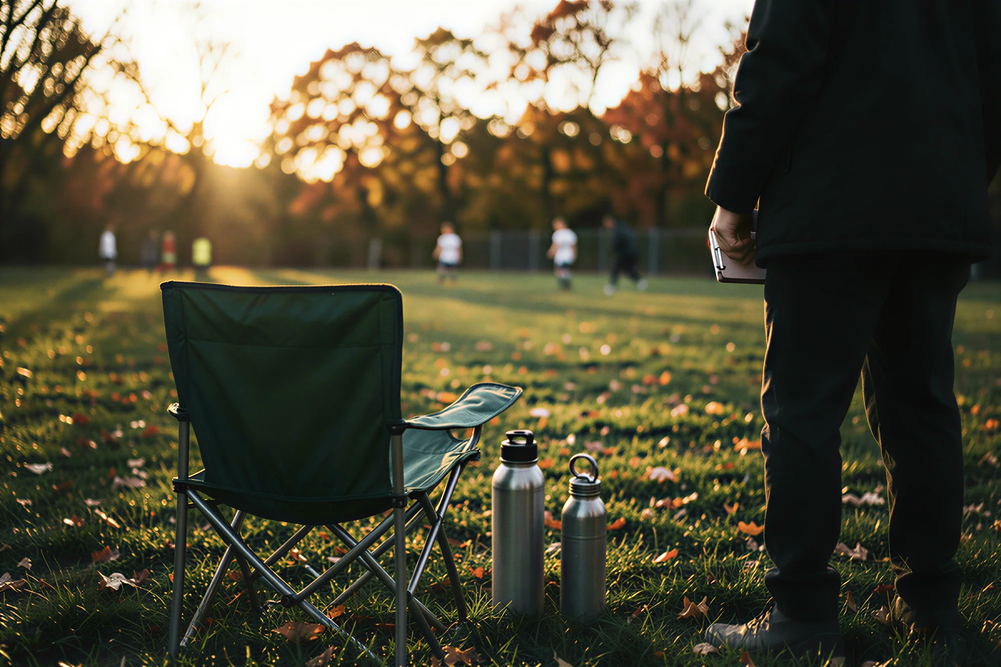 A youth soccer sideline at dusk in the fall: an empty camp chair and two water bottles, the coach with a clipboard at his side, the players small in the low sun.