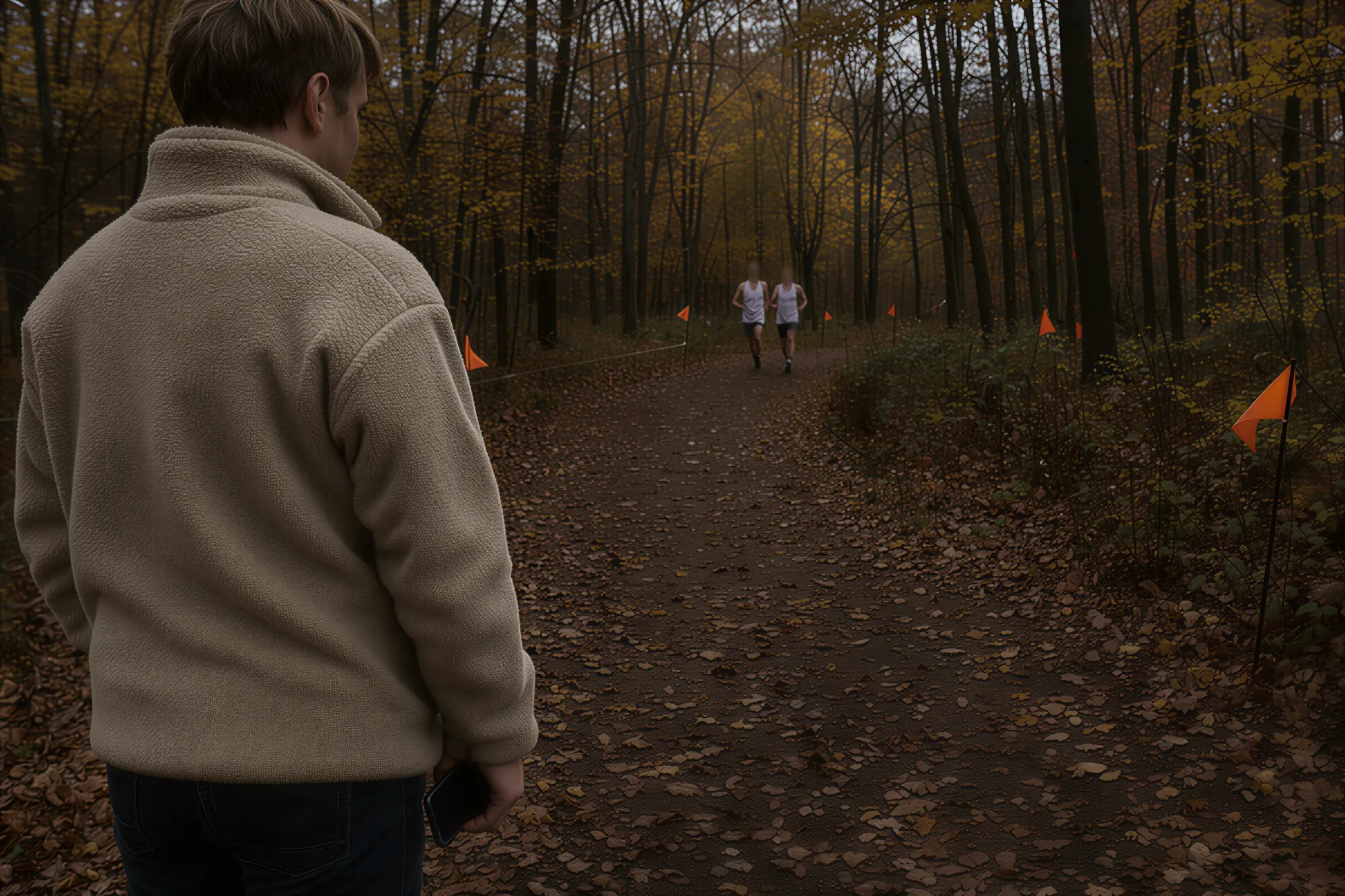 A helper in a fleece jacket seen from behind at a bend in a wooded trail, a phone low in one hand, two runners coming toward him between orange course flags.