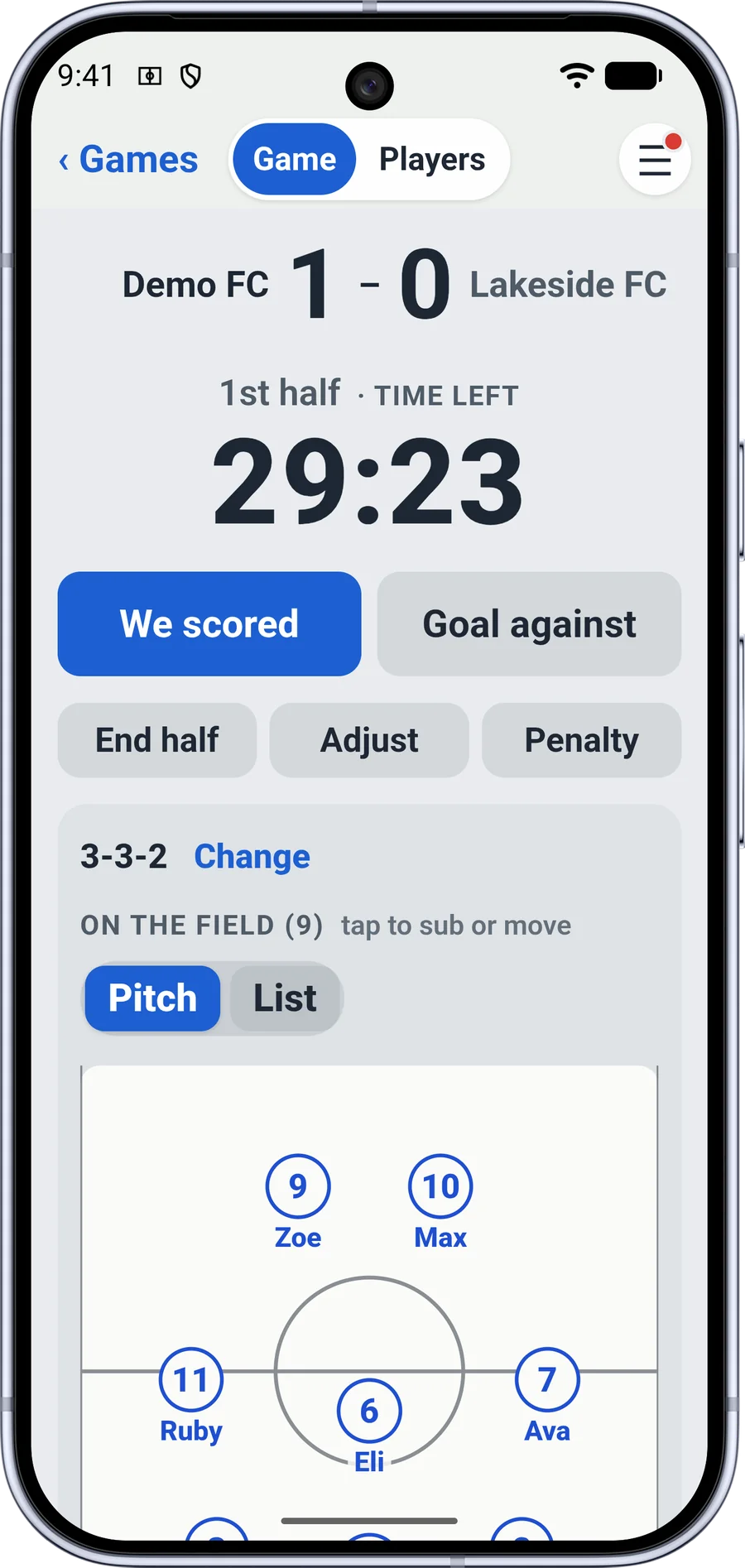 The Android app on a Pixel 10 Pro: Demo FC 1, Lakeside FC 0, 29:23 left in the 1st half, We scored and Goal against, and the 3-3-2 on the pitch with Zoe, Max, Ruby, Eli and Ava.